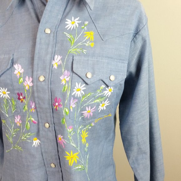 Vtg Hand Painted Long Sleeve Chambray Shirt XL - Picture 4 of 8